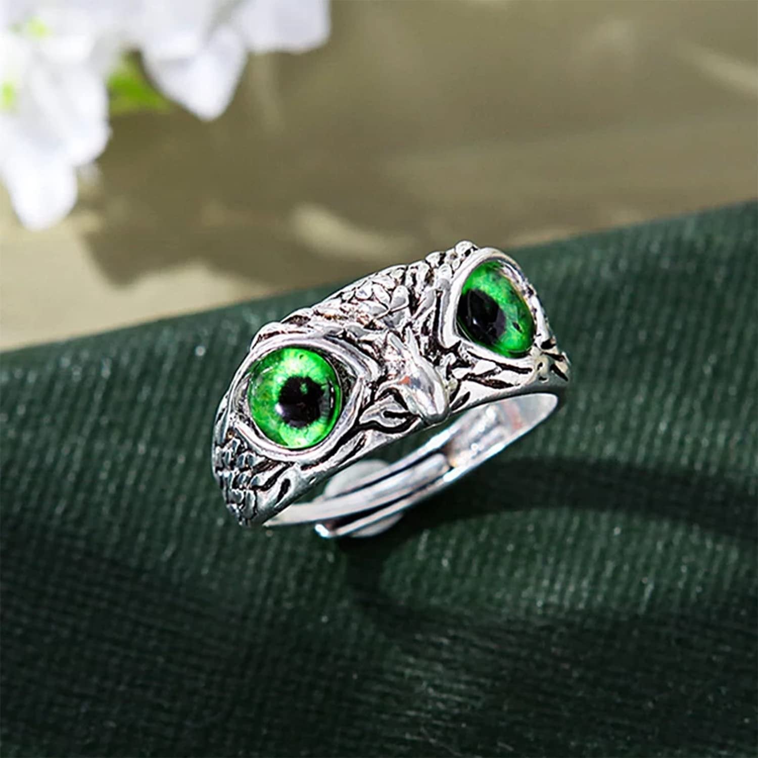 Oxidised Silver Owl Ring Green Cat Eyes Adjustable Finger Ring image 0