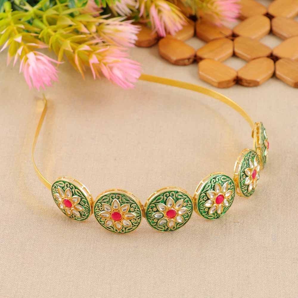 Kundan-Meenakari Floral Hairband Perfect Combo Set with Free Brooch Gift (Pack of-2) image 2