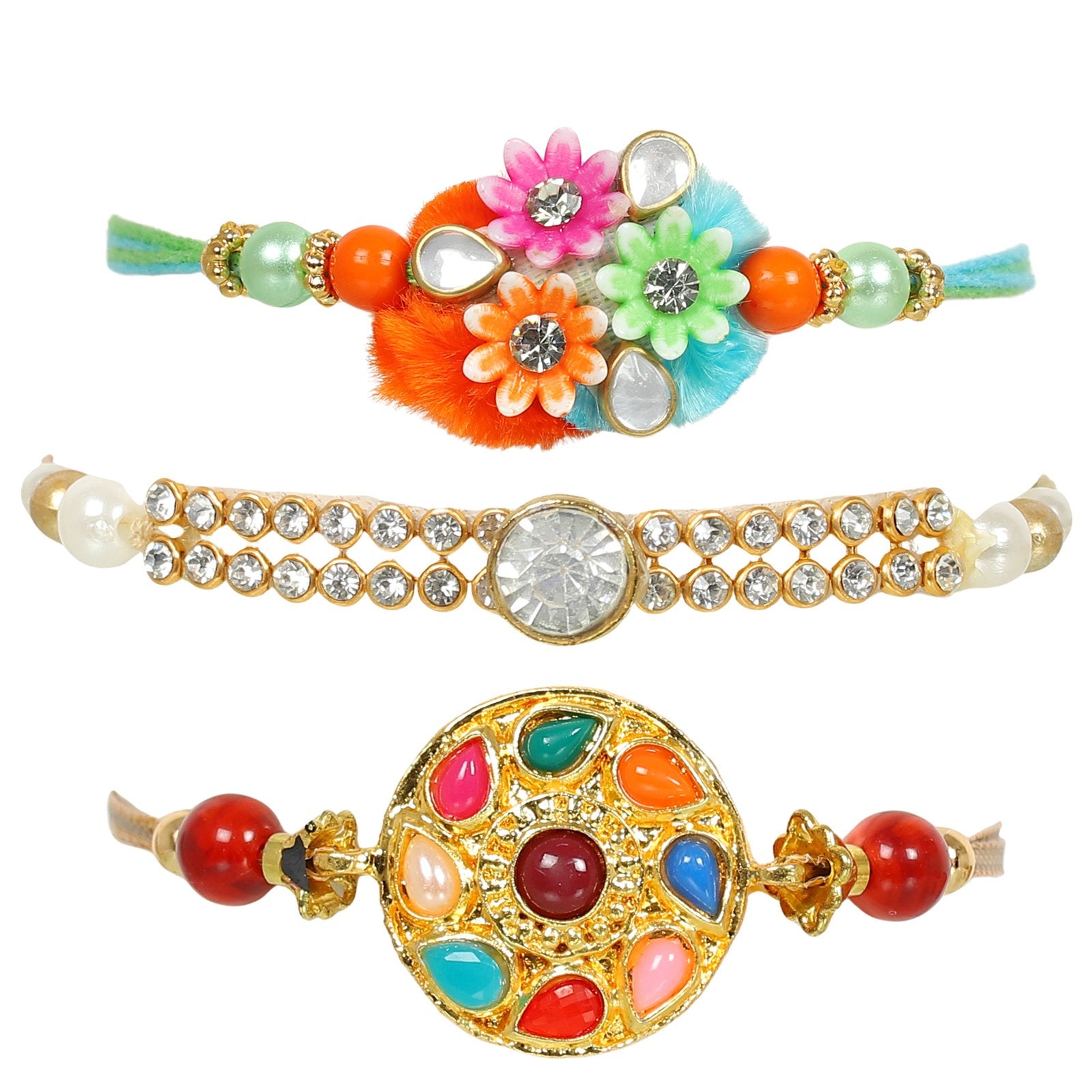 Set of 3 Navragh Kundan Beaded Combo Rakhi Set image 2