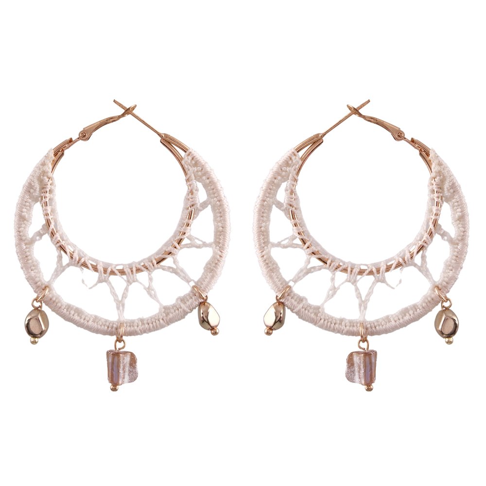 Handcrafted Gold-Plated Off White Thread Hoop Earrings For Women/Girl's image 3