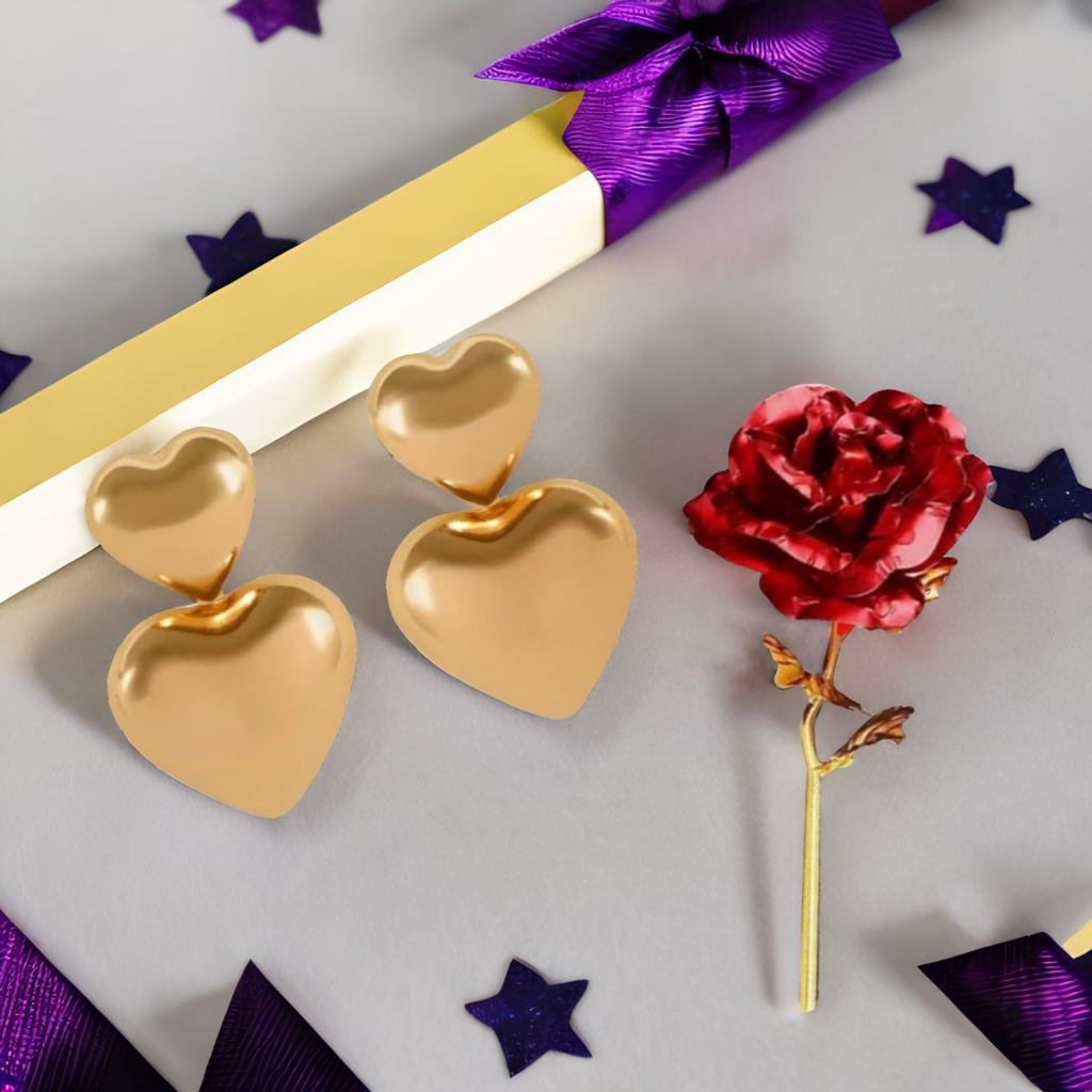 Gold Heart Earrings & Red Rose Gift Combo Set image 1
