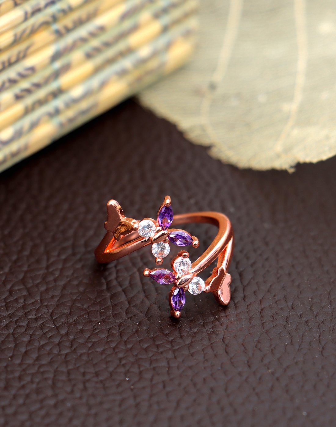 Elegant Rose Gold Purple Crystal Butterfly Ring image 0