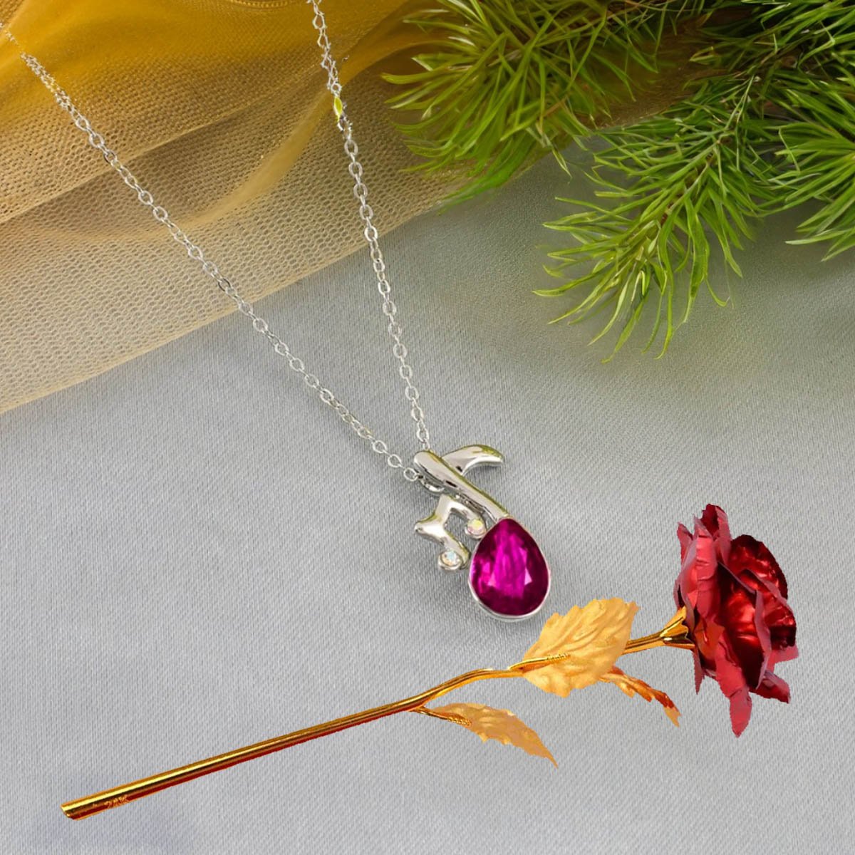 Valentine's Day Music Pendant Chain & Red Rose Combo Set image 0