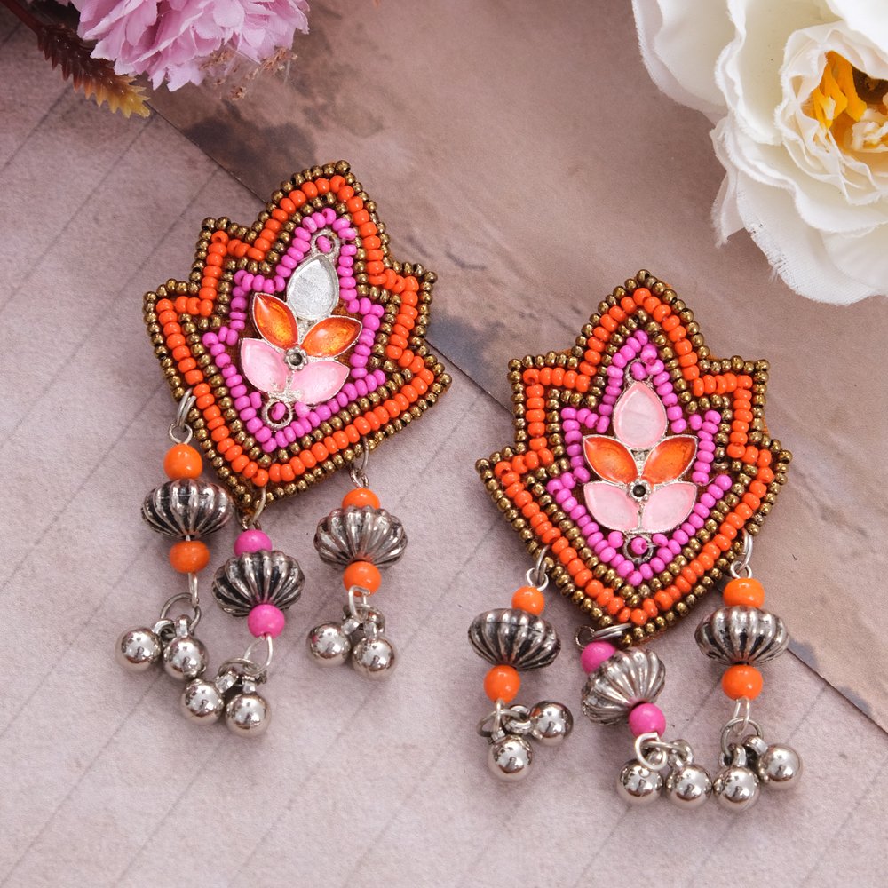 Handcrafted Beaded Pink/Orange Dangler Earrings for Women/Girl's image 0