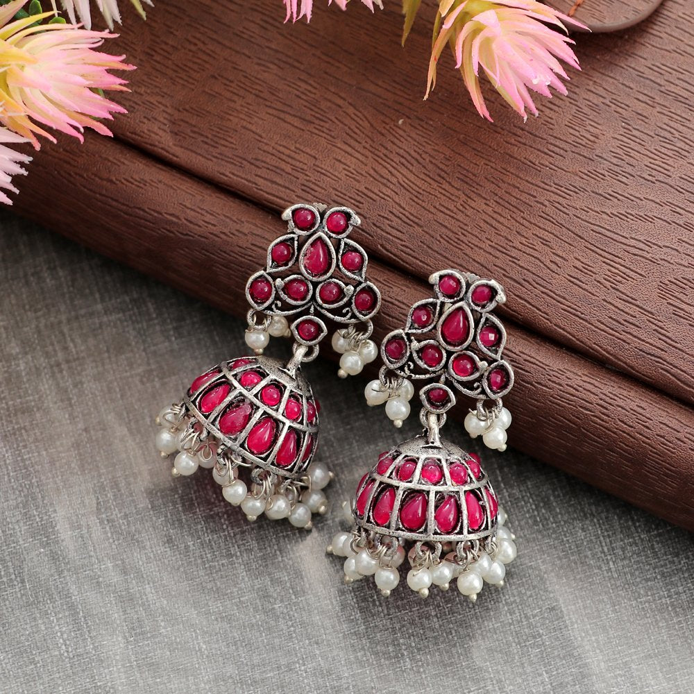 Oxidised Silver Pink Crystal /Pearl Jhumka Earrings image 1