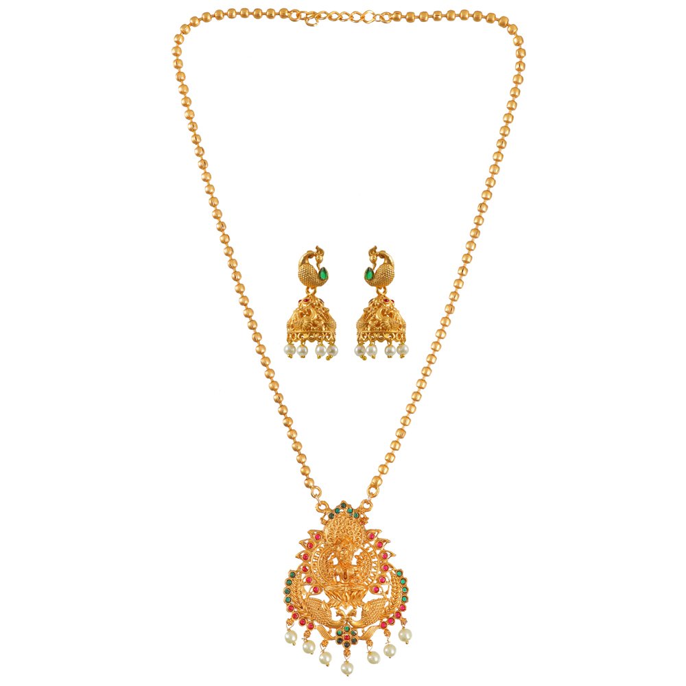 Gold-Plated Divine Lakshmi Peacock Long Necklace Set image 1