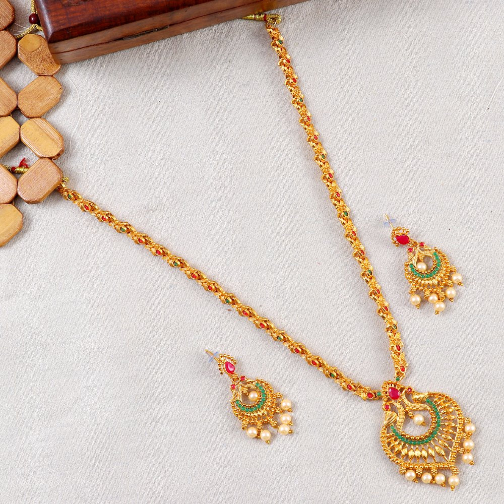 Gold-Plated Red & Green Stone Long Necklace Set image 2