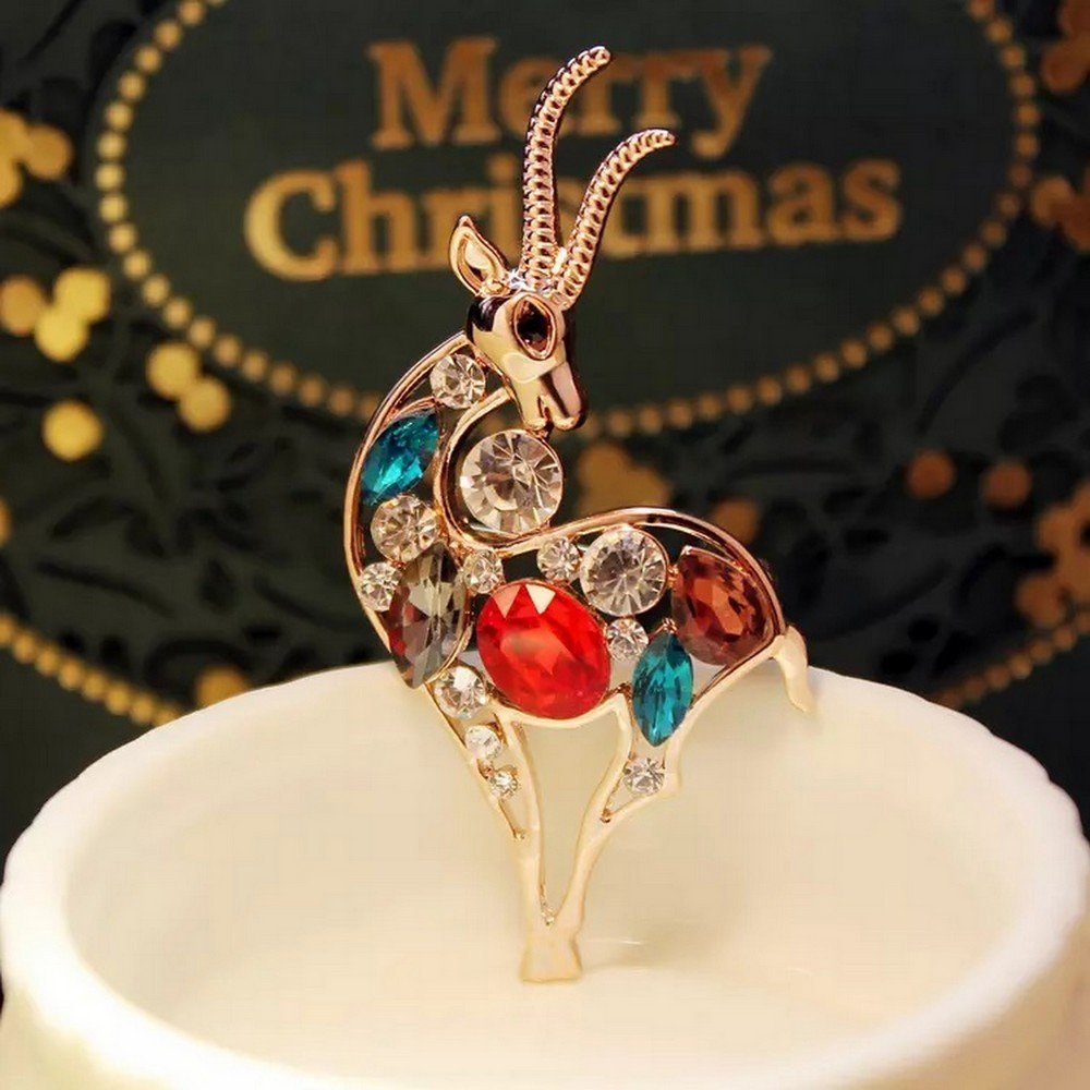 Gold-Plated Multicolor Crystal Studded Goat Style Brooch for Unisex image 1