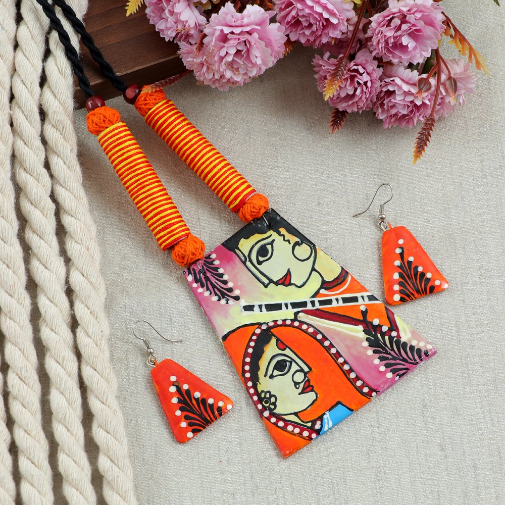 Hand-Painted Shri Ram Sita Terracotta Orange Fabric  Jewellery Set image 2