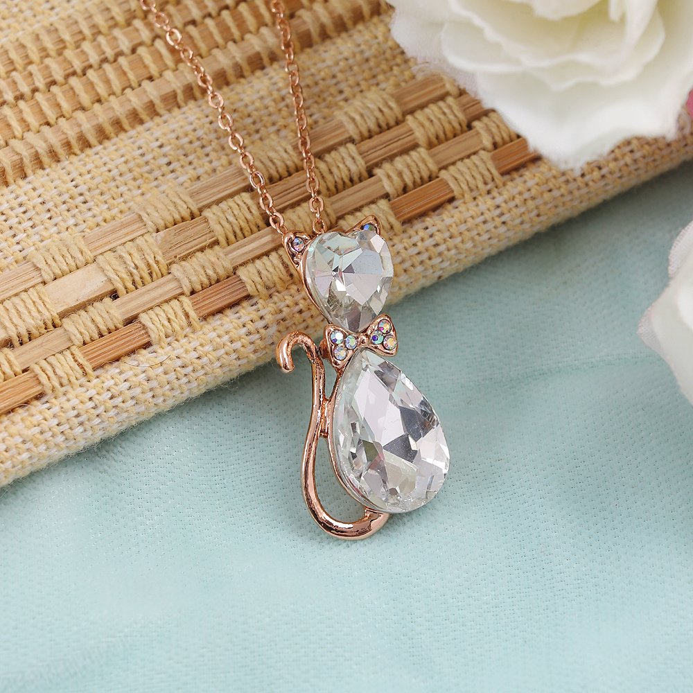 Gold-Plated White Crystal Cat Pendant Necklace image 2