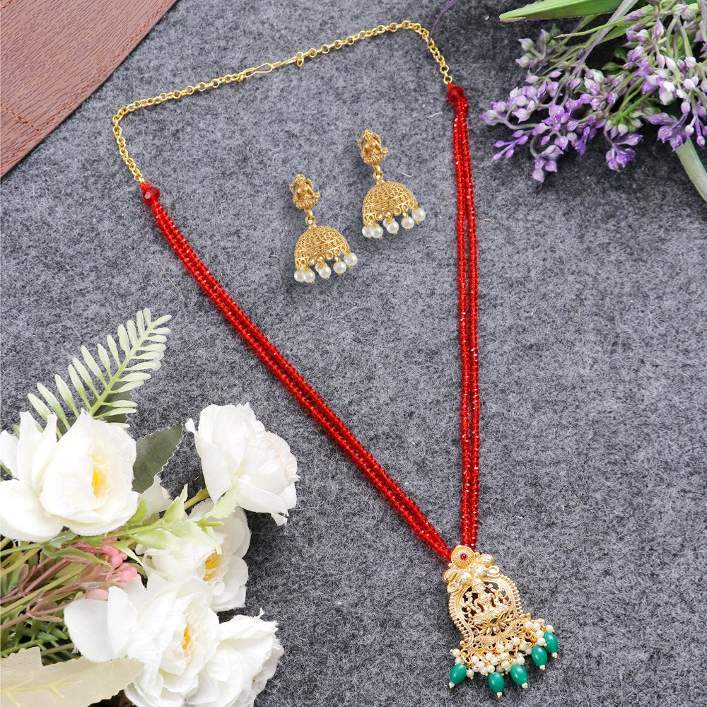 Gold-Plated Ethnic Red Layered Beaded Goddess Lakshmi Necklace Set image 0