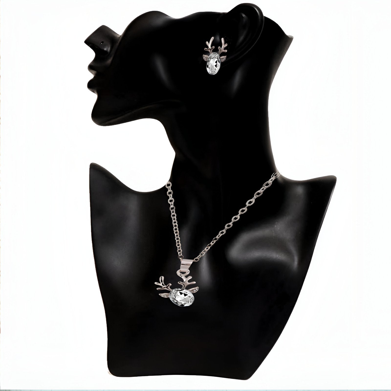 Silver-Plated White Crystal Deer Design Necklace & Earring Set image 2