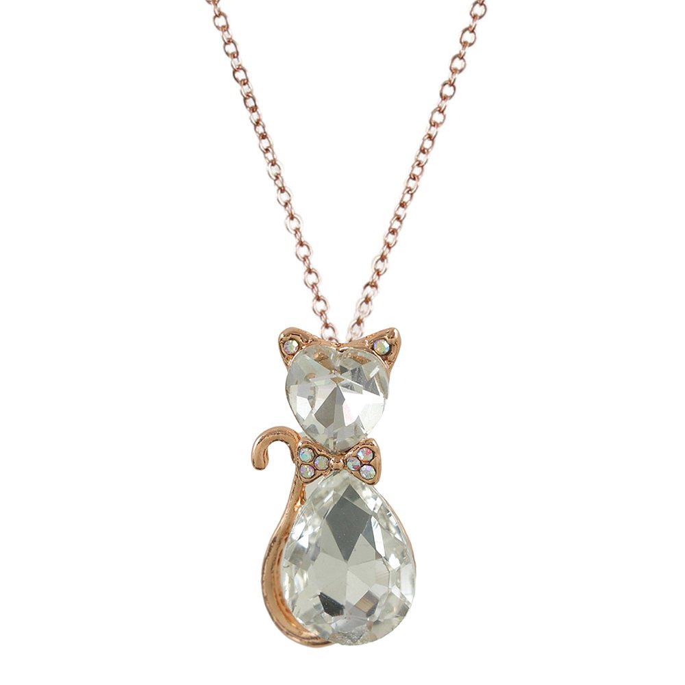 Gold-Plated White Crystal Cat Pendant Necklace image 1