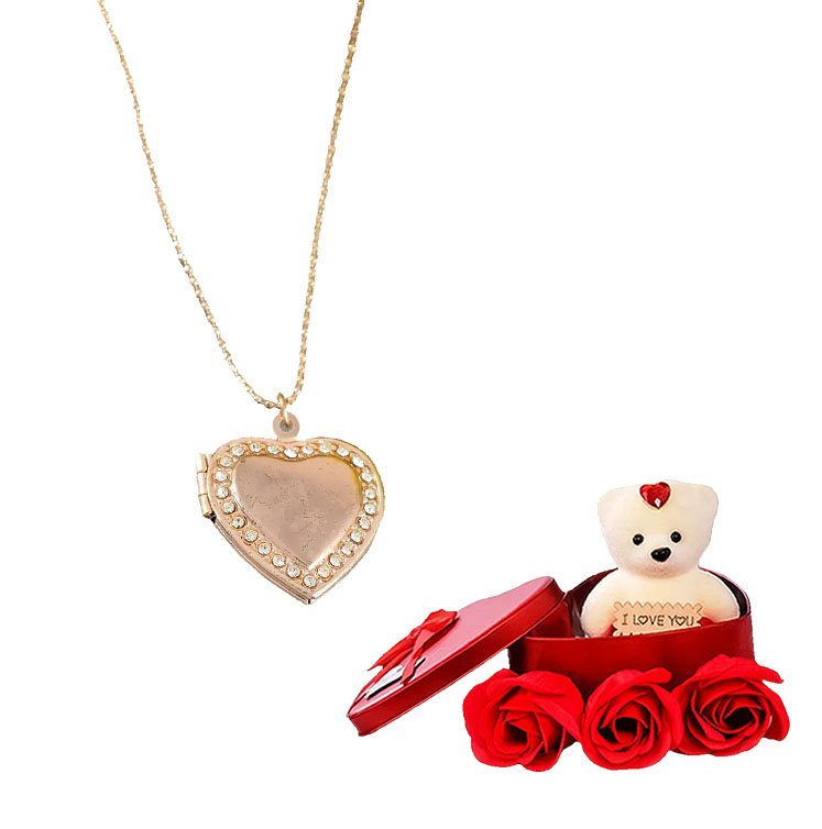 Heart Photo Frame Heart Pendant Chain & Red Teddy Bear Combo Gift Set image 2