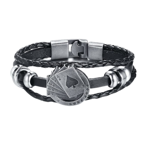 Men's Oxidised Silver Playing Cards Black Leather Bracelet image 1