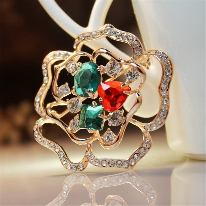 Gold-Plated Red & Green Floral Brooch Cum Saree Pin For Women/Girls image 0