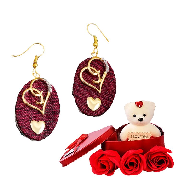 Heart Dangle Earrings &Red Teddy Bear Combo Set image 4