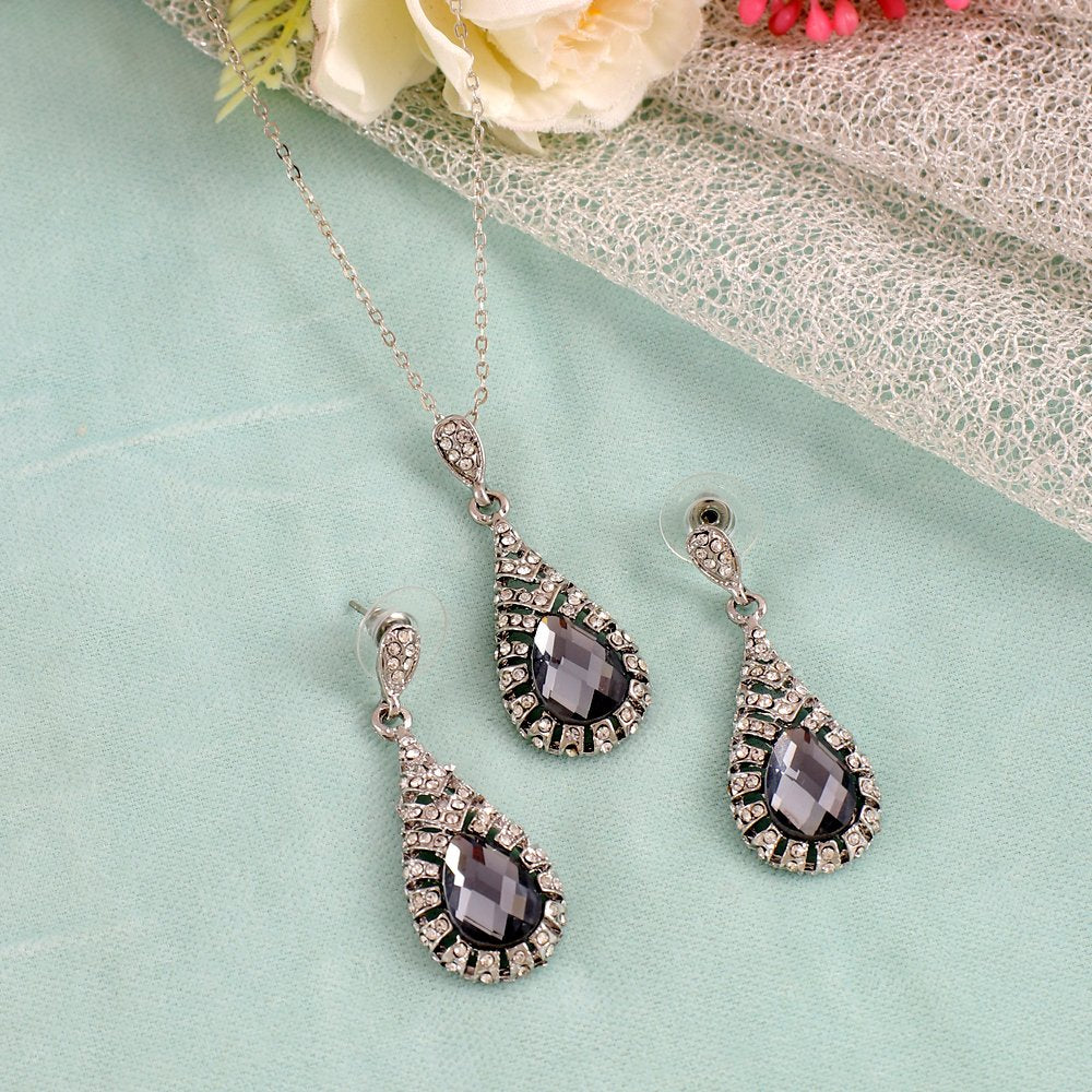 Silver-Plated Purple Crystal Retro Drop Necklace & Earring (Jewellery Set) image 2