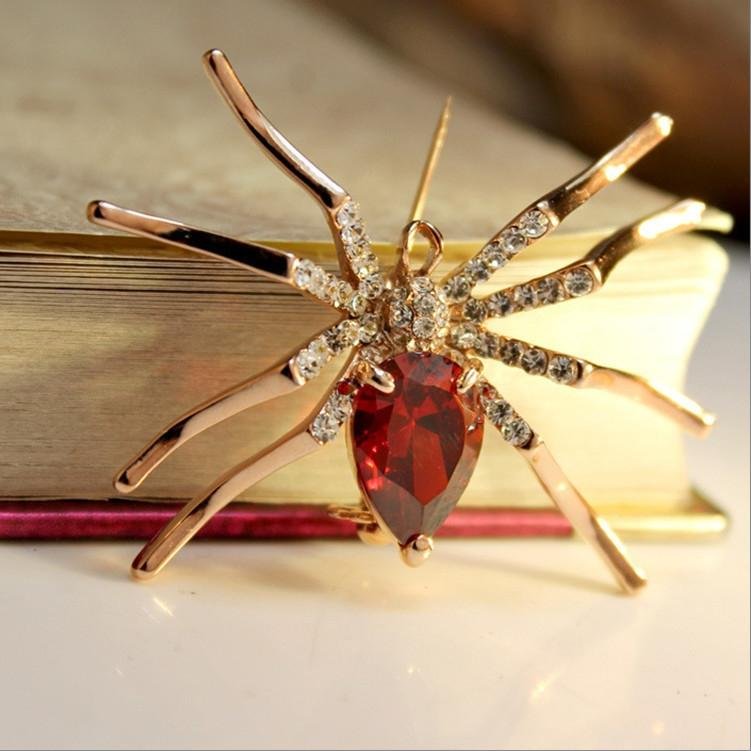 Gold-Plated Red Crystal Spider Brooch image 1