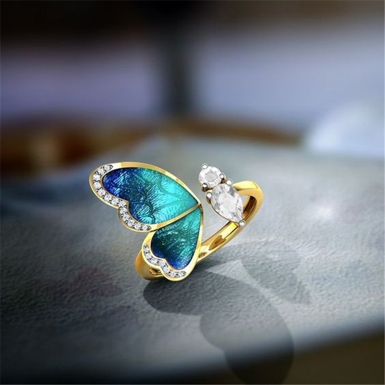 Gold-Plated Crystal Studded One Wing Blue Butterfly Ring image 0