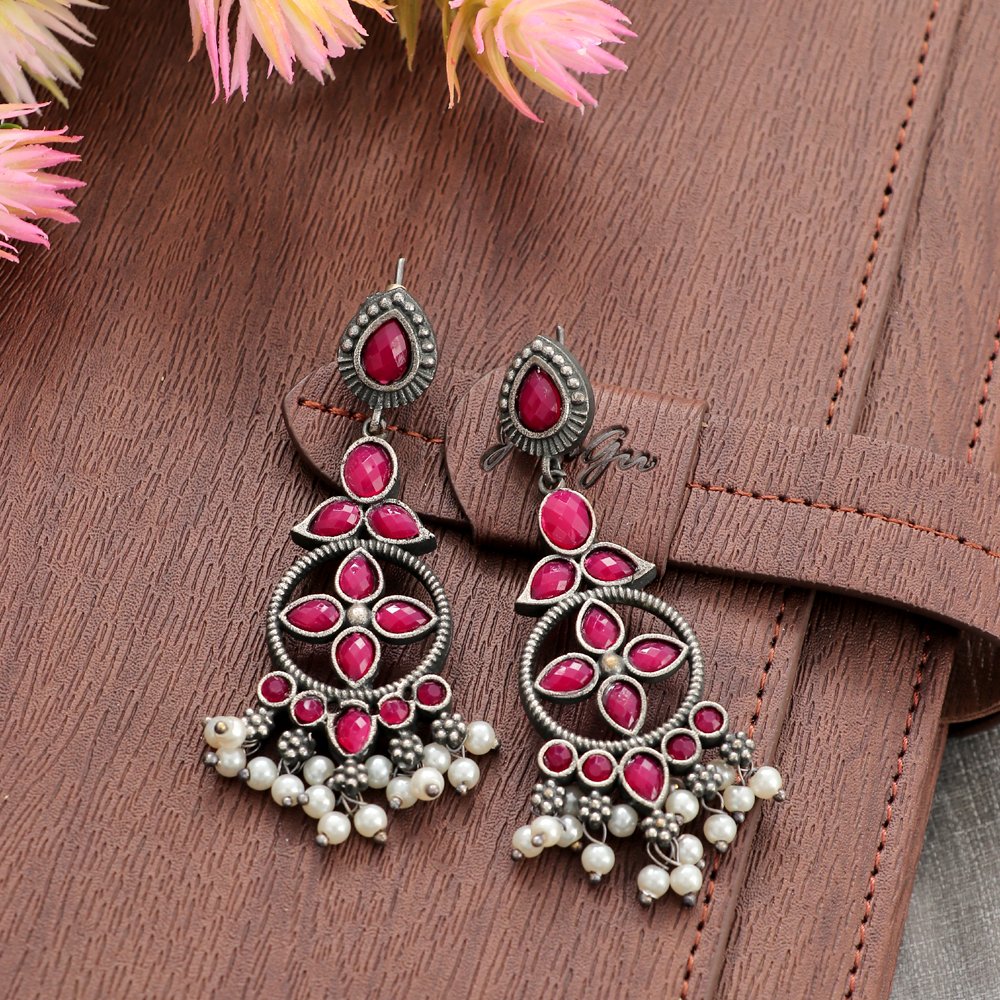 Oxidised Silver Pink Crystal Dangler Earrings image 2