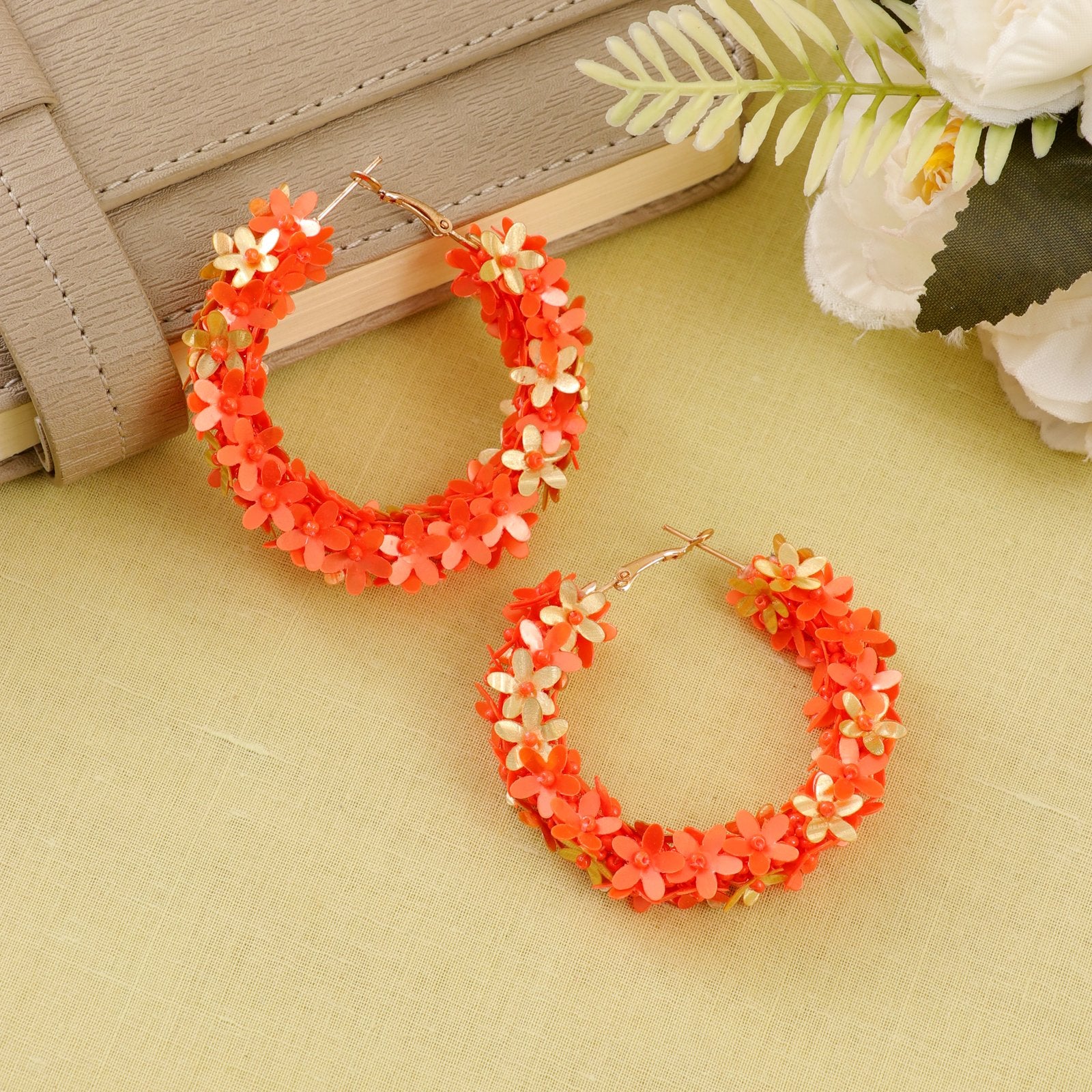 Beaded Orange Floral Hoop Earrings image 2
