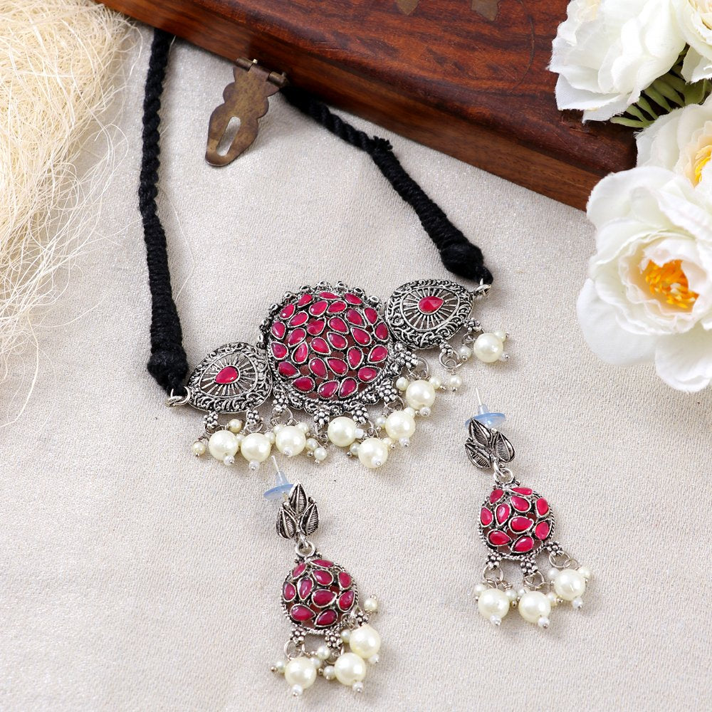 Oxidised Silver Pink Stone Pearl Beaded Jewellery Set image 0