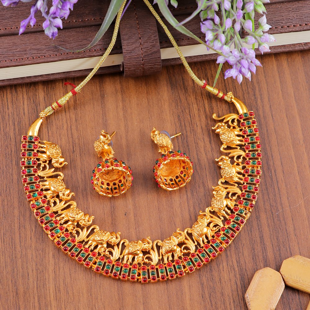 Gold-Plated Red & Green Stone Elephant Choker Jewellery Set image 0