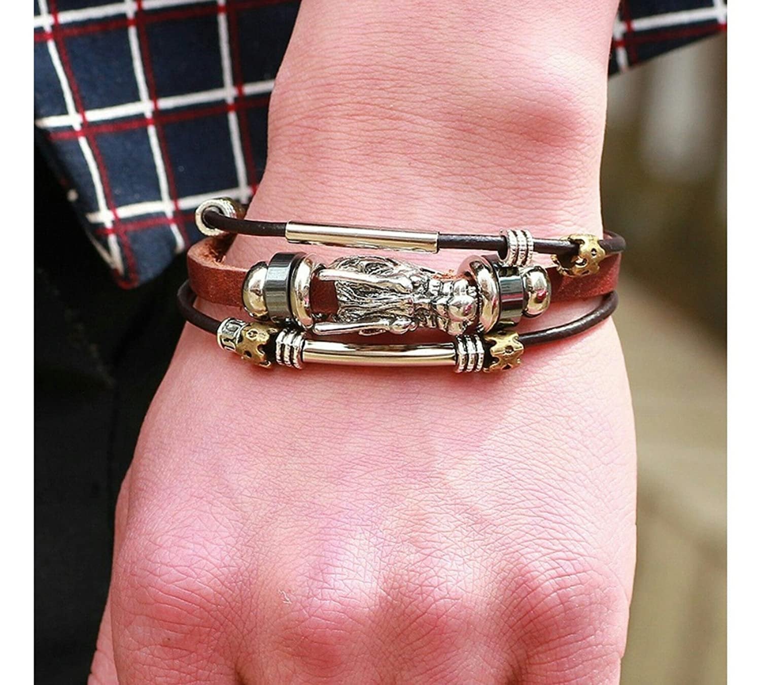 Men's Silver Plated Dragon Head Triple Strands Brown Leather Bracelet image 1