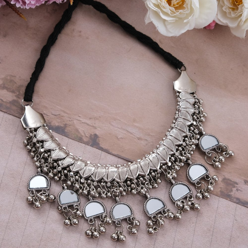 Oxidized Silver Mirror Ghunghroo Choker Necklace image 0