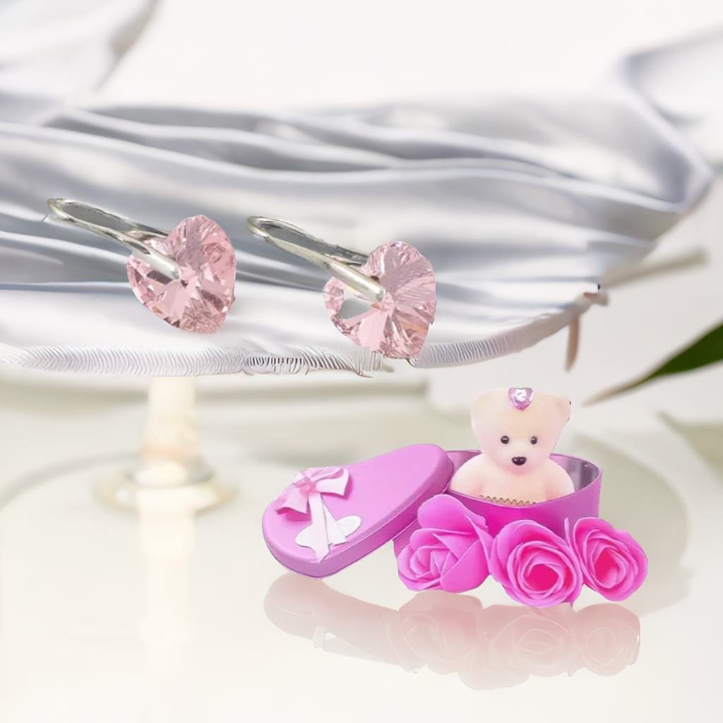 Pink Heart Stud Drop Earrings With Pink Teddy Bear Gift Combo Set image 1