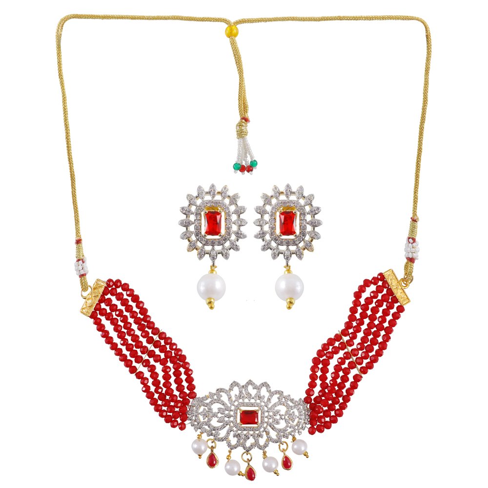 Women's Gold-Plated Red AD-Studded Beaded Multilayer Choker Jewellery Set image 1