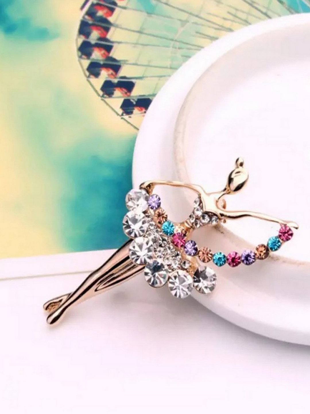 Gold-Plated Multicolor Crystal Dancing Doll Brooch for Women/Girls image 2