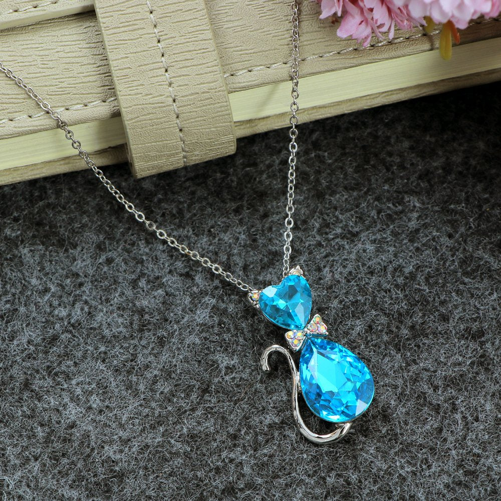 Silver-Tone Blue Crystal Kitty Teardrop Cat Chain Pendant Necklace for Women/Girls image 2