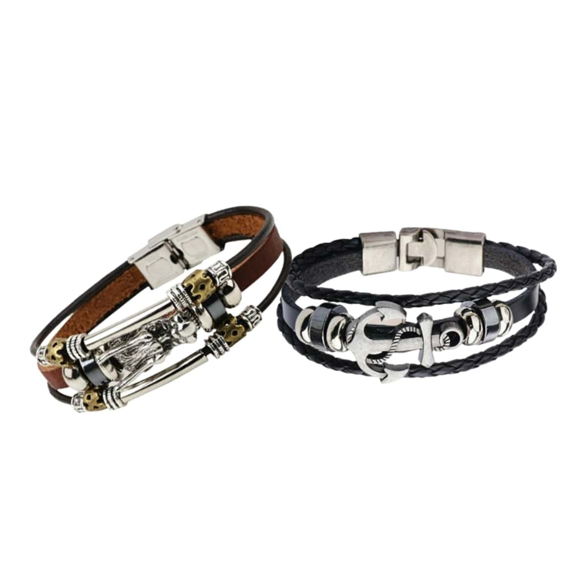 Men's Leather Silver-plated Multistrand Bracelet Combo (Pack of 2) image 1