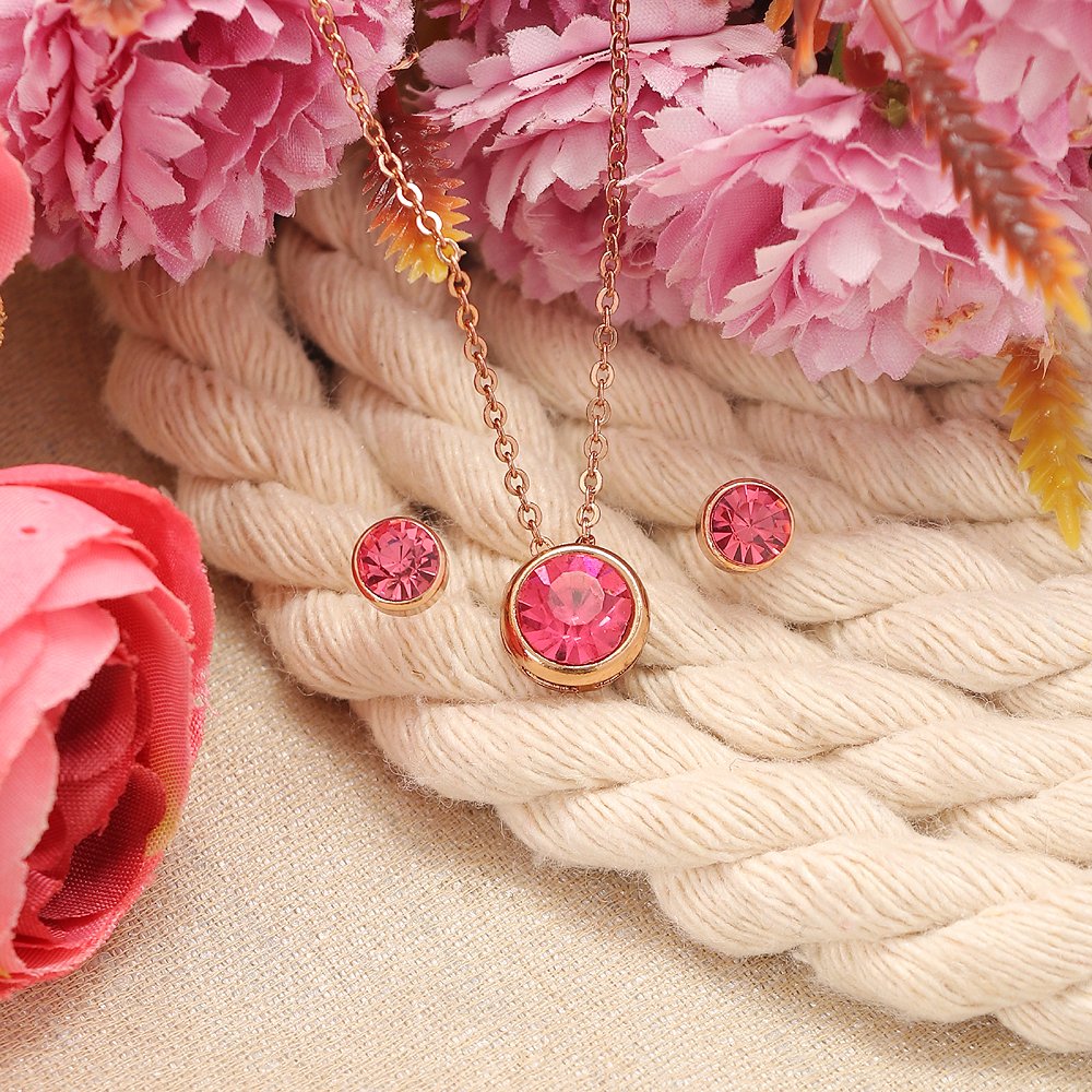 Gold-Plated Pink Birthstone Necklace & Earrings Set image 0