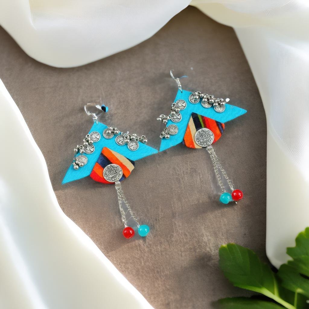 Coin Embellished Turquoise Blue Triangle Beaded Tassel Dangler Earrings image 0