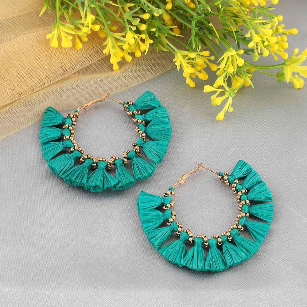 Handcrafted Green Thread Detailed Hoop Earrings image 3