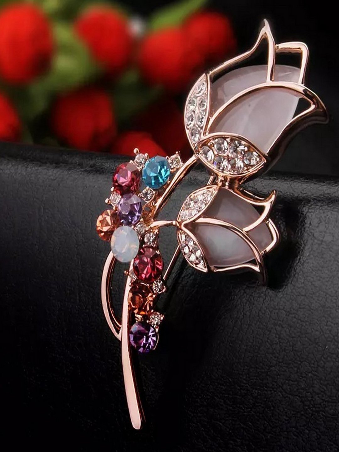 Elegant Rose-Gold Multicolor Crystal Rose Petal Brooch for Men/Women image 0