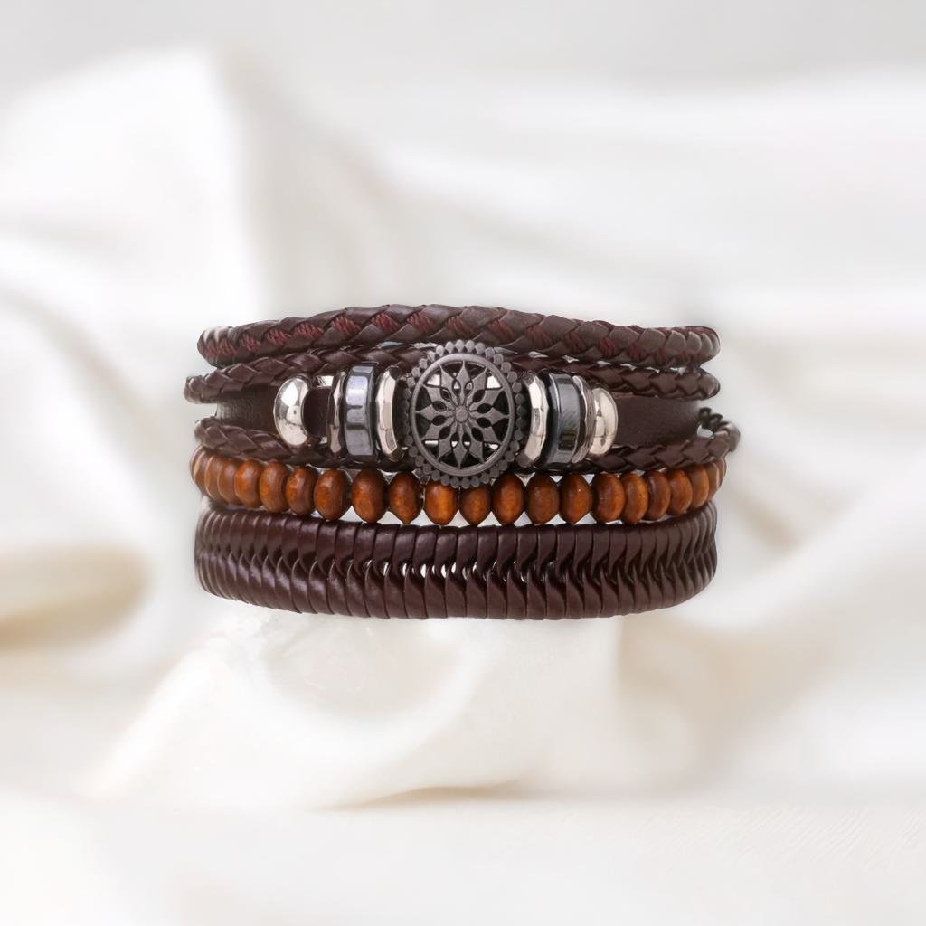 Men's Silver-Plated Floral Multistring Brown Wrap Bracelet image 3