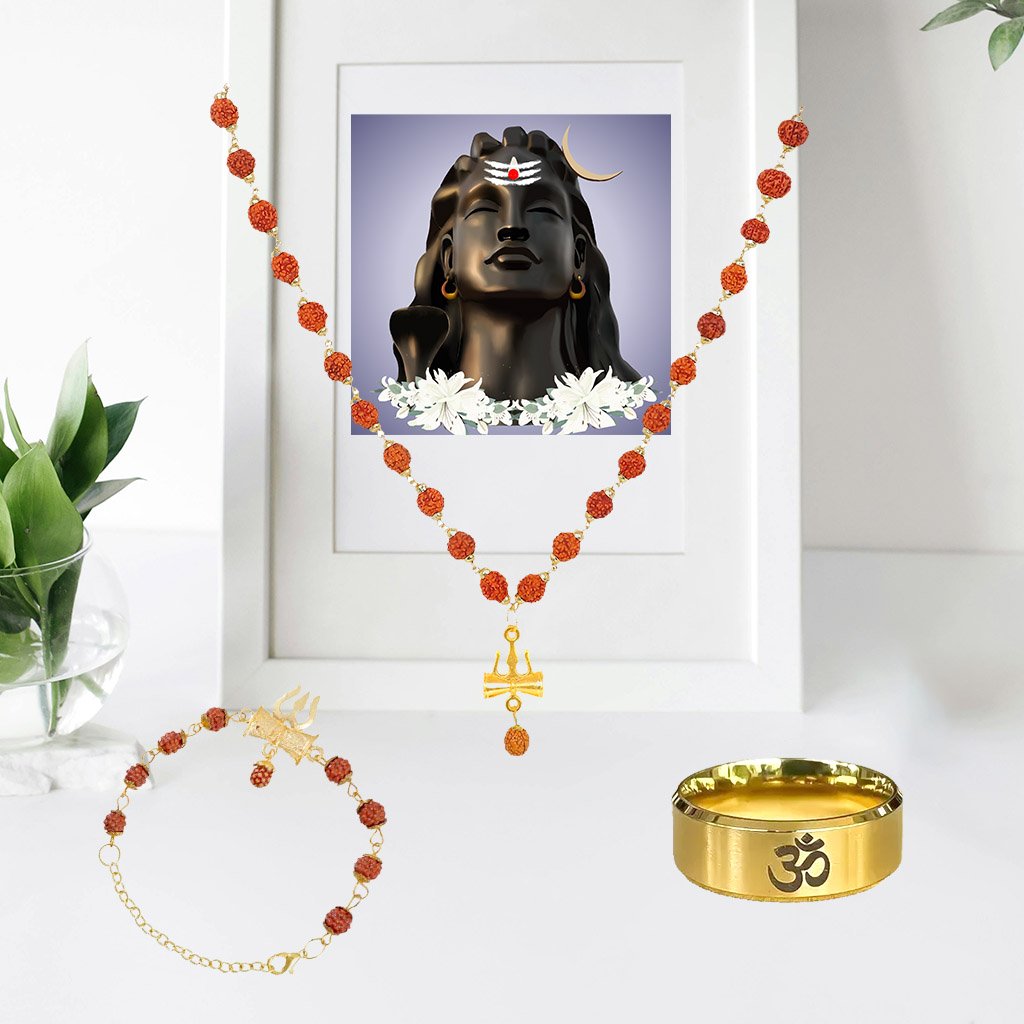 Men's Gold-Plated Rudraksh Trishul Pendant Necklace & Rudraksh Bracelet Golden Ring Combo Set image 0