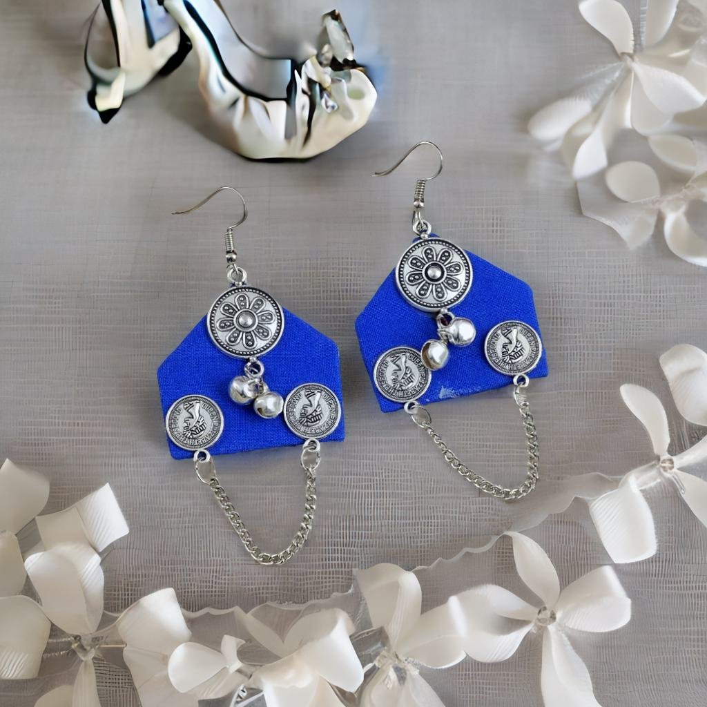 Royal Blue Fabric Chain String Dangler Earrings image 4