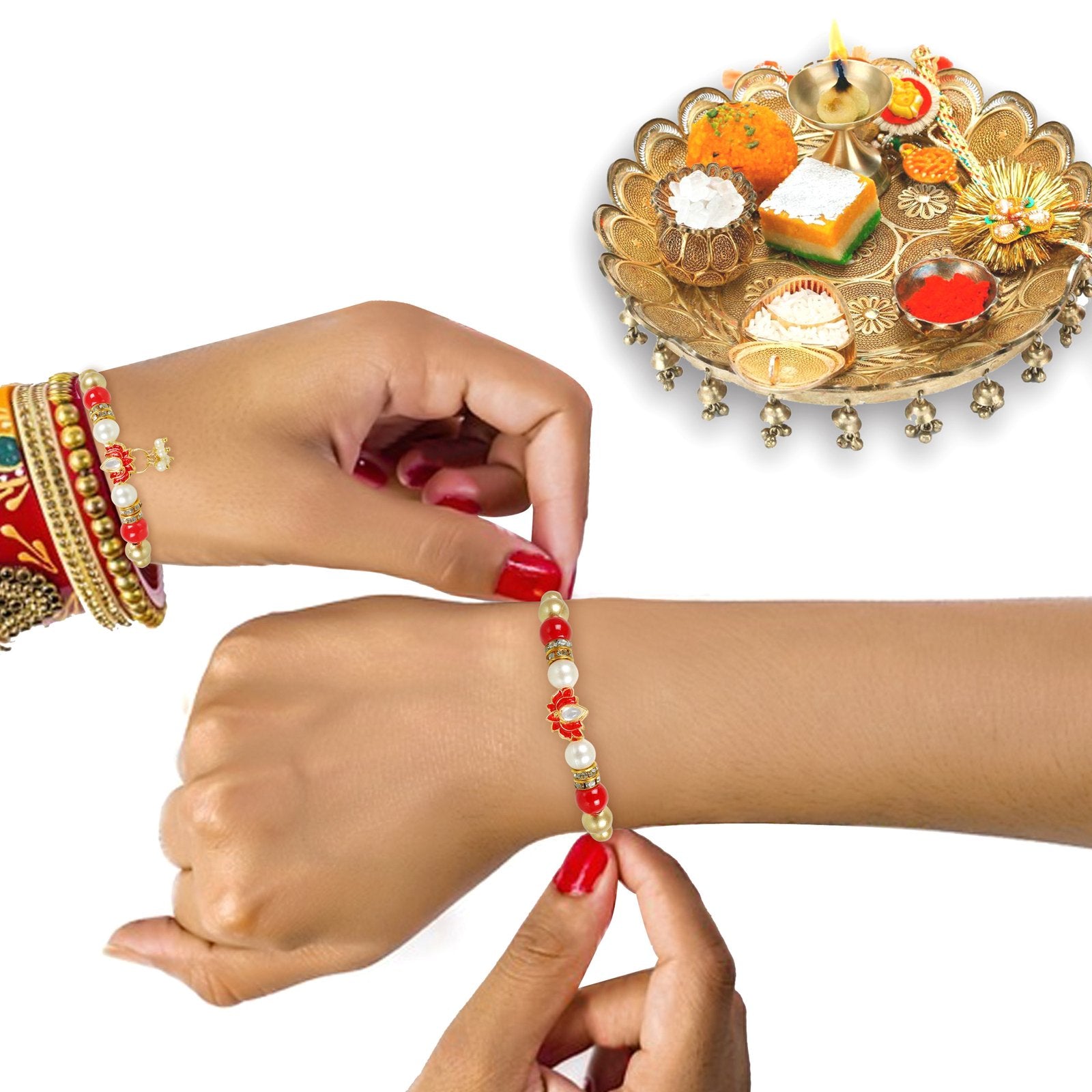 Lotus Design Pearl  Bhaiya Bhabhi Rakhi Set image 2