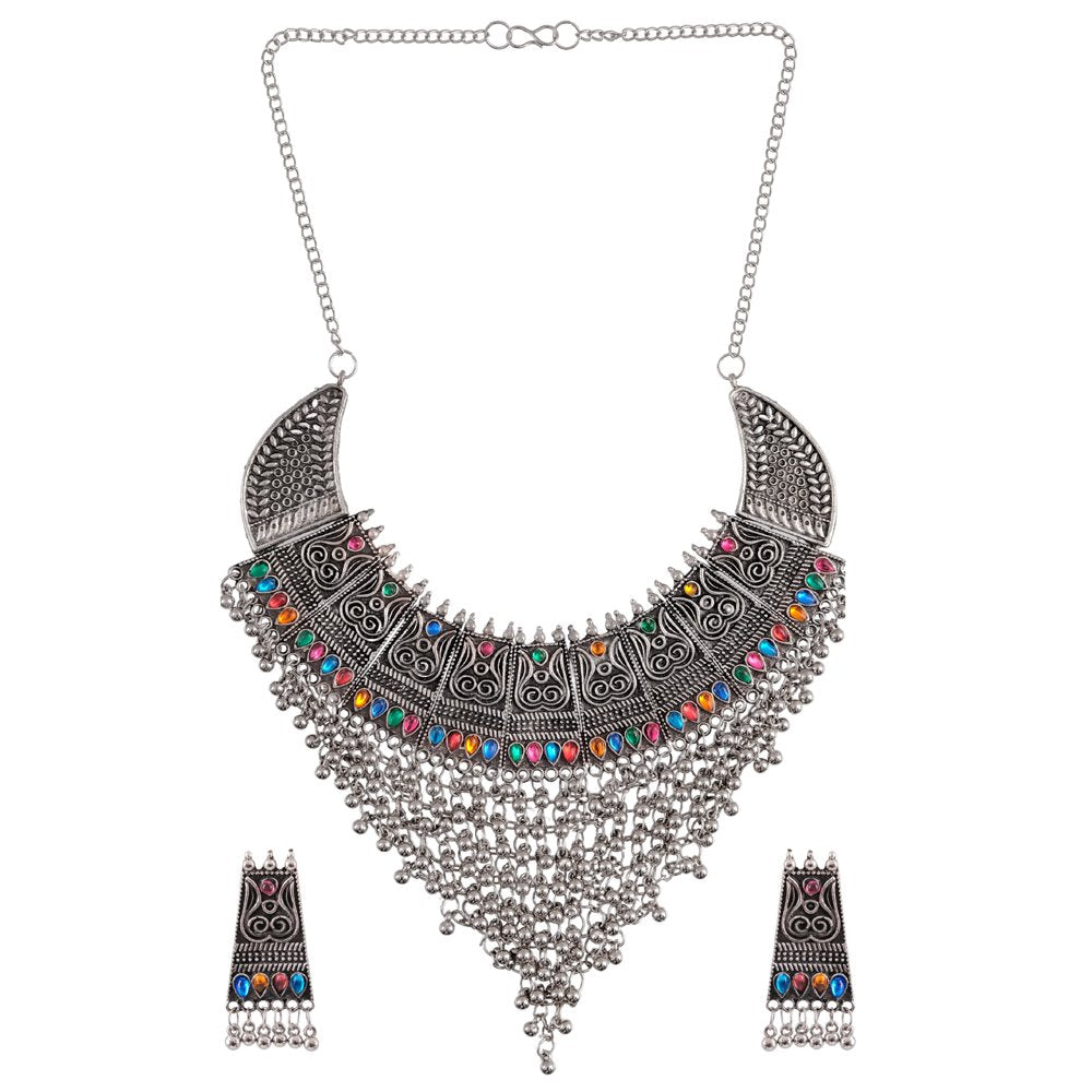 Oxidized Silver Traditional Multicolor Stone Jewelry Set For Women/Girl's image 4