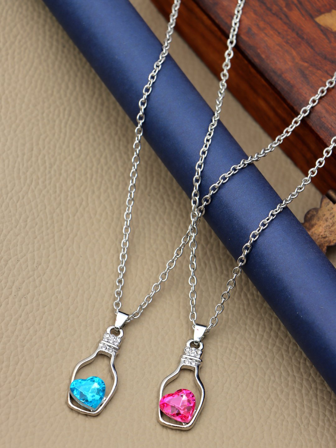 Silver-Plated Blue & Pink Crystal Locket Pendant Necklace for Women/Girls image 3