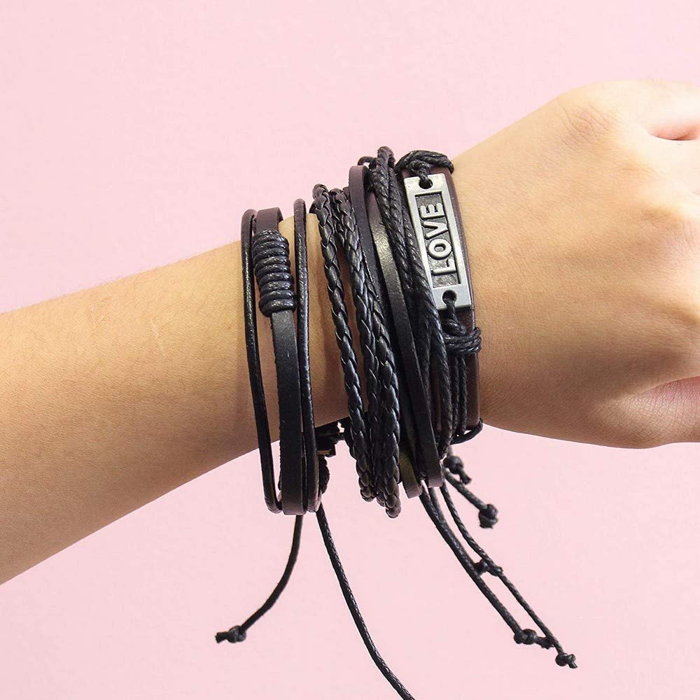 Bold Black Multi-Layer Love Leather Wrap Bracelet for Men/Women Set-4 image 2