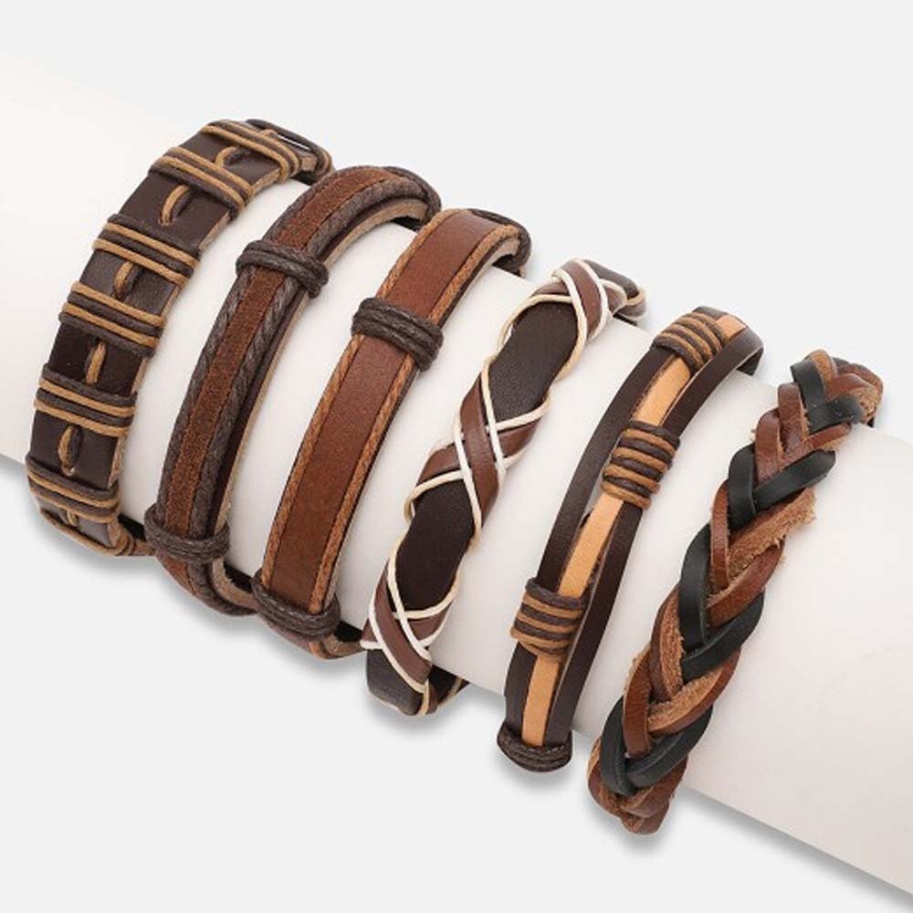 Brown Multi-String Leather Bracelet Set (Pack of 6) image 1