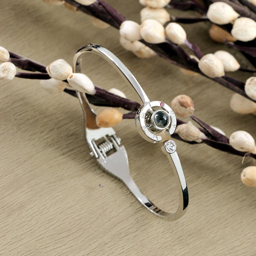 Silver-Plated 100 Language Black Crystal Clock Bracelet image 1