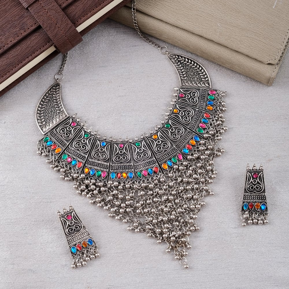 Oxidized Silver Traditional Multicolor Stone Jewelry Set For Women/Girl's image 3