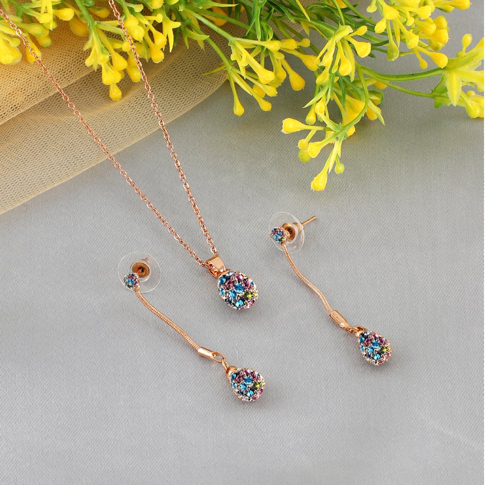 Gold-Plated Korean Design Cubic Zirconia Multicolor Chain Pendant Necklace& Earring Set image 0